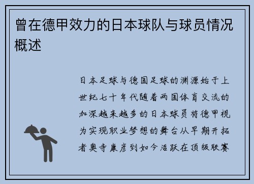 曾在德甲效力的日本球队与球员情况概述