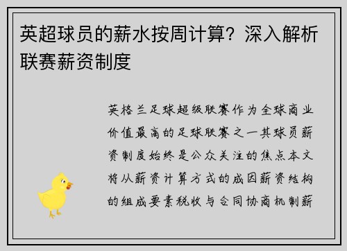 英超球员的薪水按周计算？深入解析联赛薪资制度