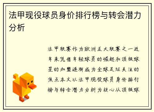 法甲现役球员身价排行榜与转会潜力分析
